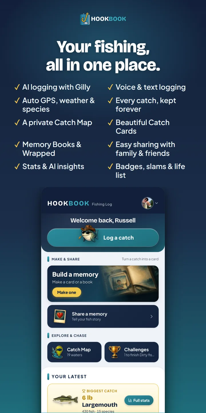 HookBook home — your fishing, all in one place