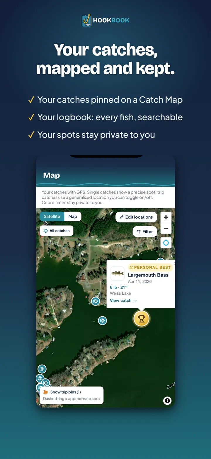 Your catches, mapped and kept. Every catch pinned on the Catch Map